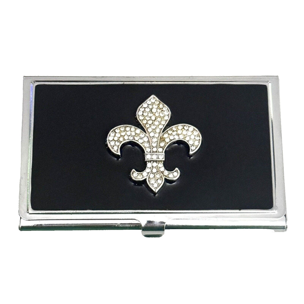 SPRING STREET CRYSTAL FLEUR DE LIS BLACK ENAMEL BUSINESS CARD HOLDER NEW